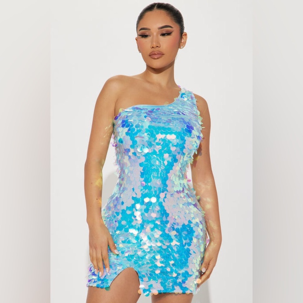 Fashion Nova Party is On One-Shoulder Sequin Dress in Aqua Blue NWT sz LG